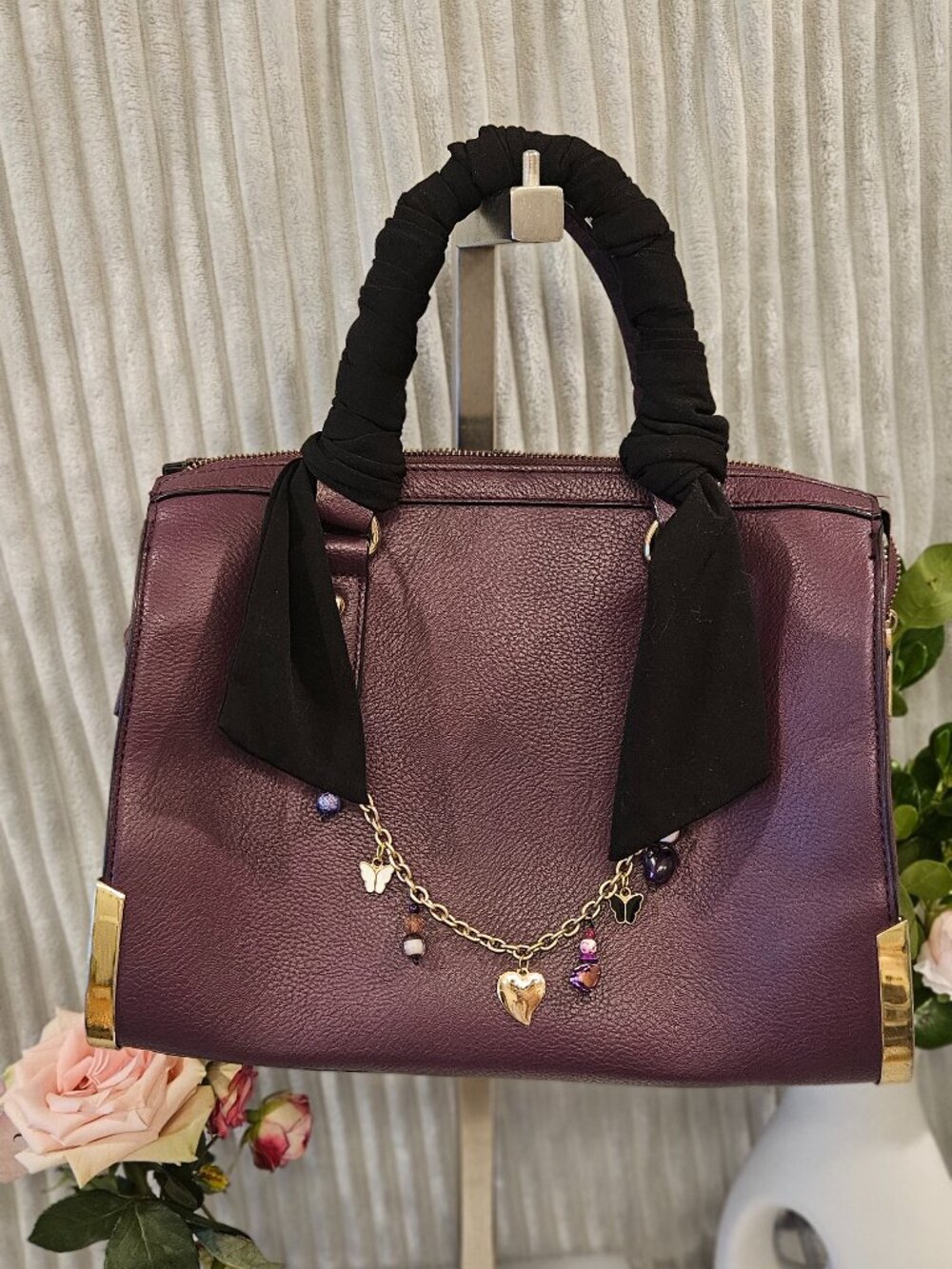 Charming Charlie Plum Pebbled Satchel Handbag Gold Hardware Charm Purse